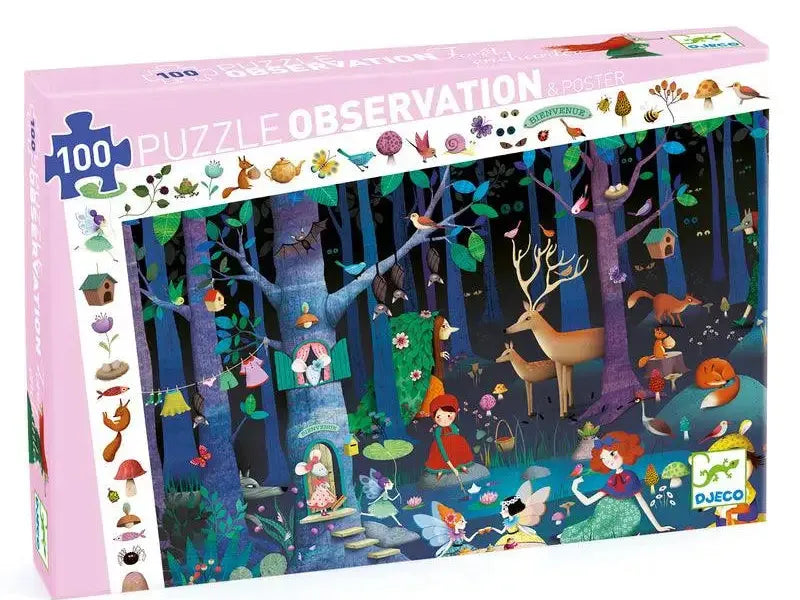 Enchanted forest-themed jigsaw puzzle box featuring a colorful nighttime scene with animals and magical elements.