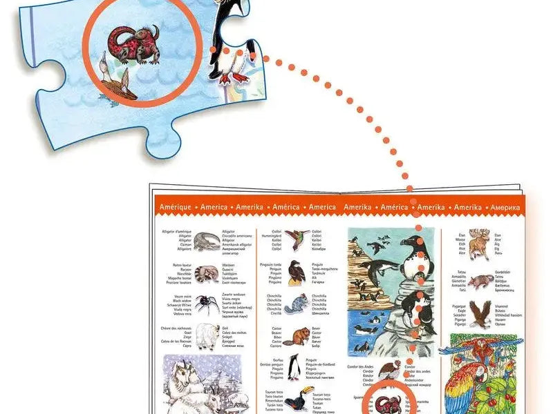 Puzzle piece with a cartoon animal illustration connected to a chart of various animal species.