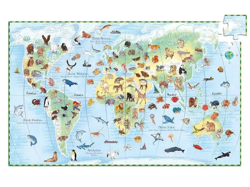 World map with illustrated animals and landmarks representing different regions and continents.