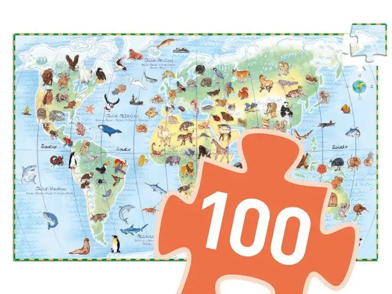 World map puzzle with animals and a large orange puzzle piece labeled ’100’’.
