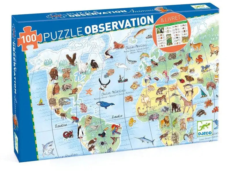 Puzzle observation game featuring a world map with animals and nature elements.