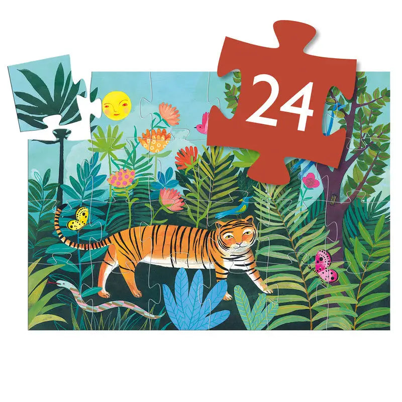 Colorful jigsaw puzzle depicting a jungle scene with a tiger.