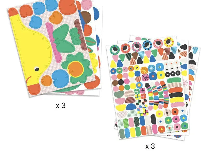Colorful sticker sheets featuring various shapes, patterns, and designs.