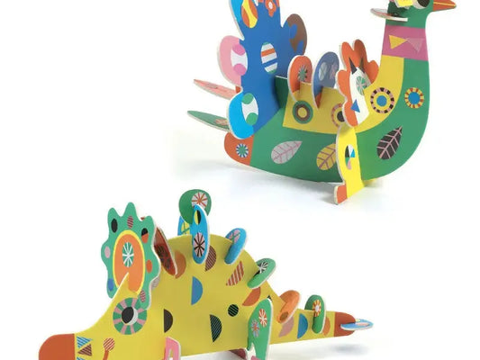 Colorful, whimsical cardboard cutout animals resembling a peacock and a dinosaur with abstract patterns and shapes.