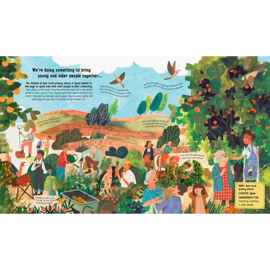 Colorful illustration depicting a community garden scene with people working together and various gardening activities.