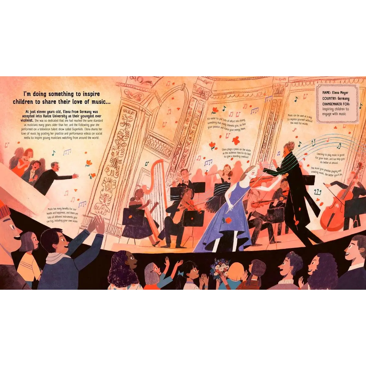 Illustration of an orchestra performing in a concert hall with musical notes and text overlaid.