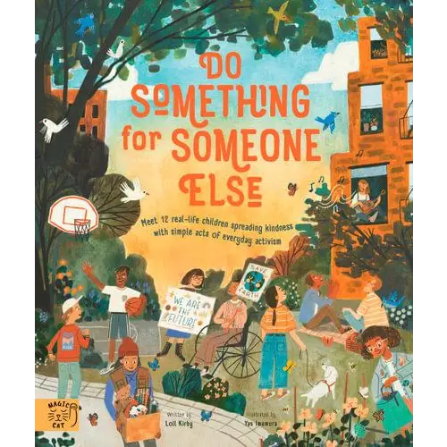 Book cover titled ’Do Something for Someone Else’ featuring colorful illustrations of people and urban scenes.
