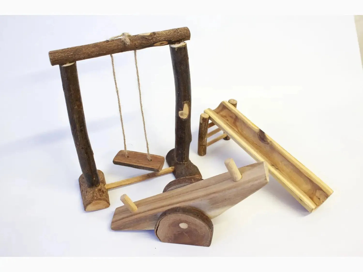 Wooden swing set with accompanying playground equipment pieces.