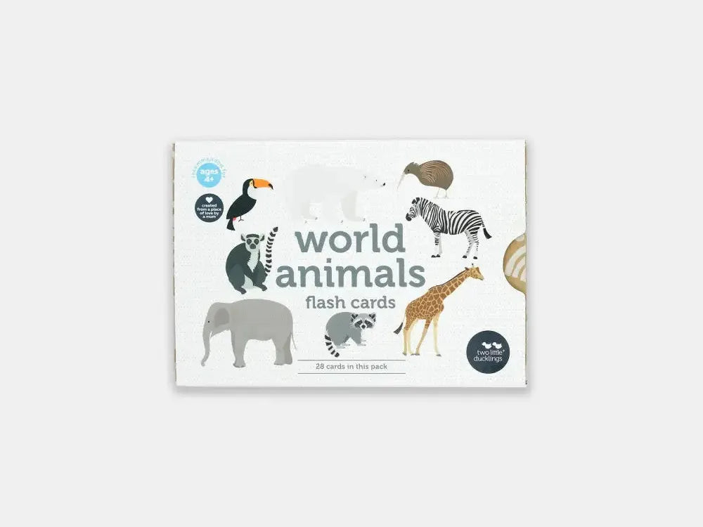 Set of ’World Animals’ flash cards featuring illustrations of various animals.