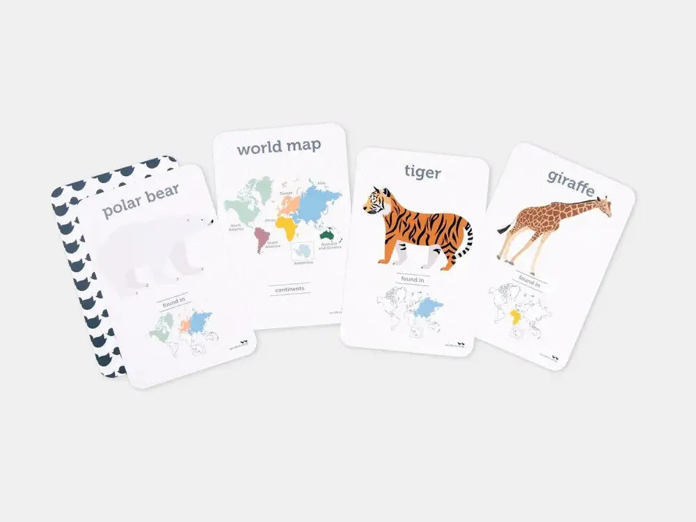 Set of educational flashcards featuring animals and a world map.