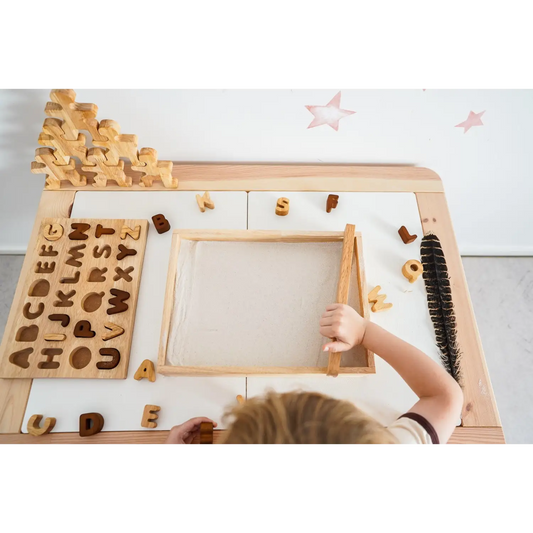 Wooden educational toy with alphabet letters and a drawing board.