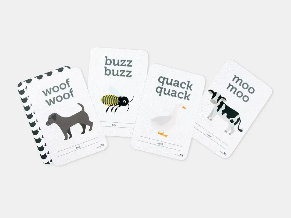 Set of illustrated animal sound flashcards featuring different creatures and their vocalizations.