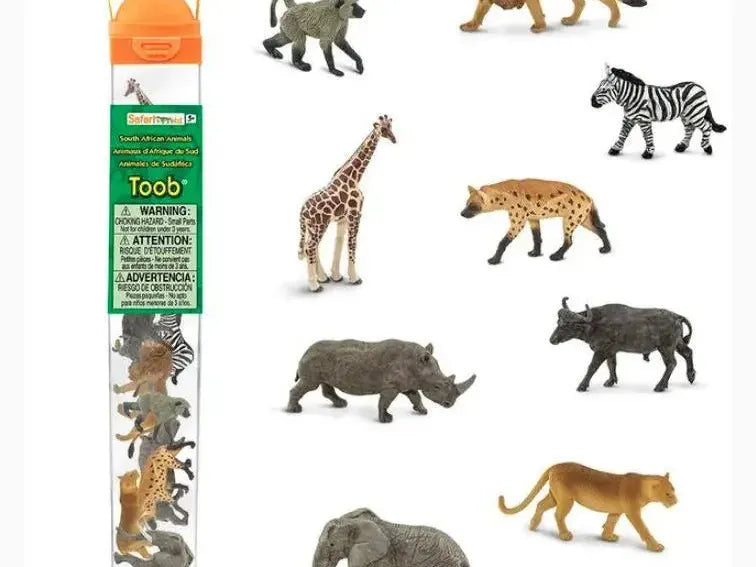 Tube container filled with small plastic toy animals representing various African wildlife species.