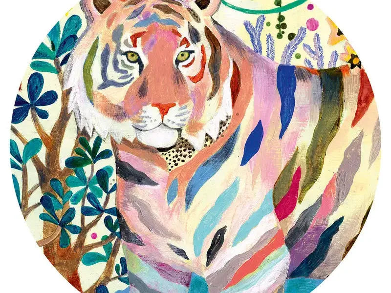 Colorful, stylized tiger with vibrant stripes and floral elements incorporated into its design.