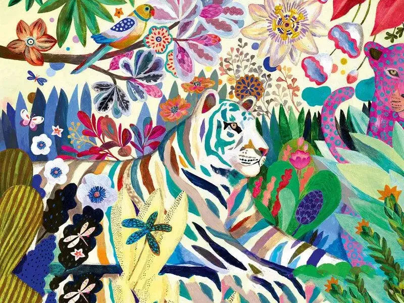 Vibrant, colorful abstract painting featuring a mix of floral and animal motifs.