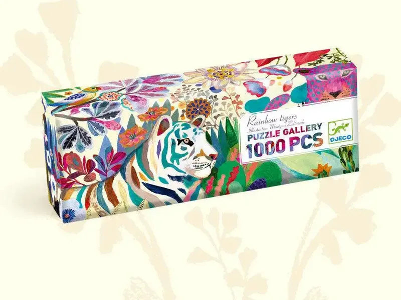 Colorful puzzle box featuring vibrant floral and animal designs, labeled as a 1000-piece puzzle gallery.