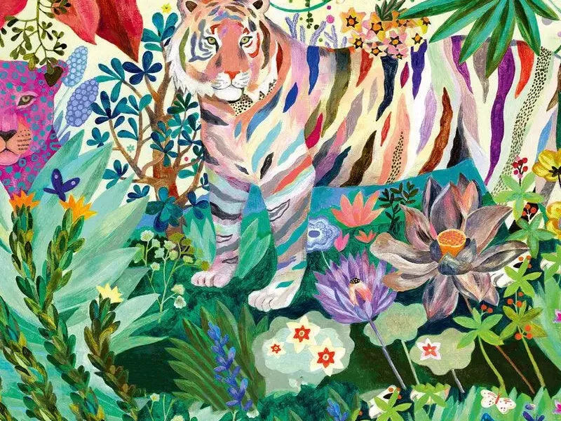 Tiger standing amid colorful, stylized jungle foliage and flowers.