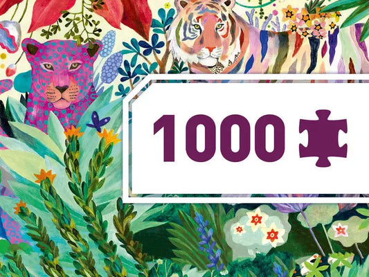 Colorful puzzle box cover featuring vibrant jungle scenes with tigers and tropical plants.