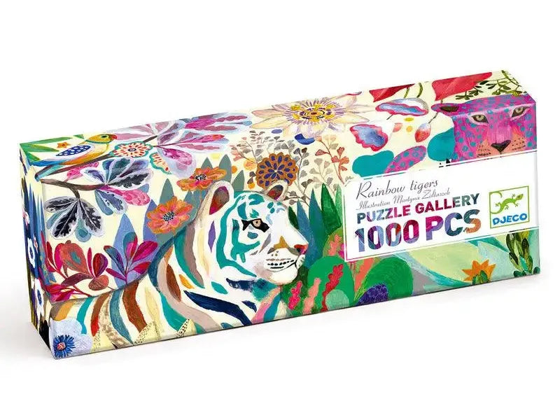 Colorful 1000-piece puzzle box featuring a vibrant floral and animal design.