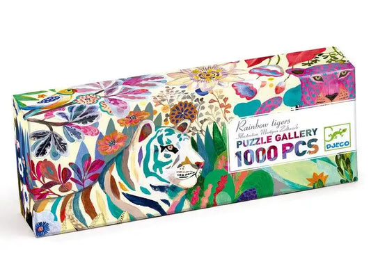 Colorful 1000-piece puzzle box featuring a vibrant floral and animal design.