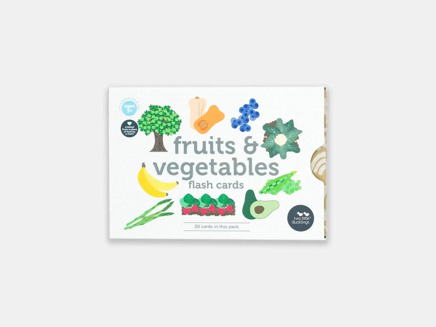 Flash card set featuring illustrations of fruits and vegetables.