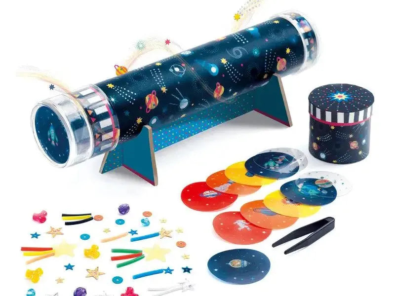 Space-themed kaleidoscope with accompanying discs and decorative elements.