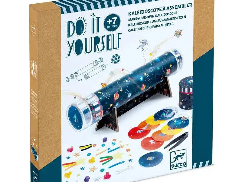 Do-it-yourself kaleidoscope assembly kit with colorful components and instructions.