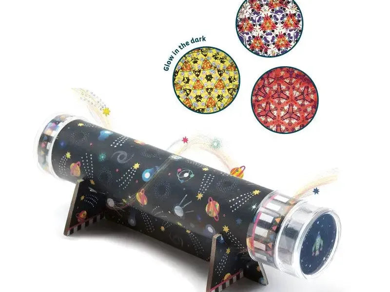 Kaleidoscope toy with a dark outer tube decorated with space-themed patterns.