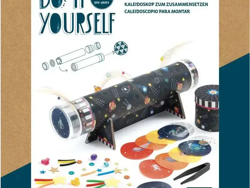 Do-it-yourself kaleidoscope assembly kit featuring colorful components and space-themed designs.