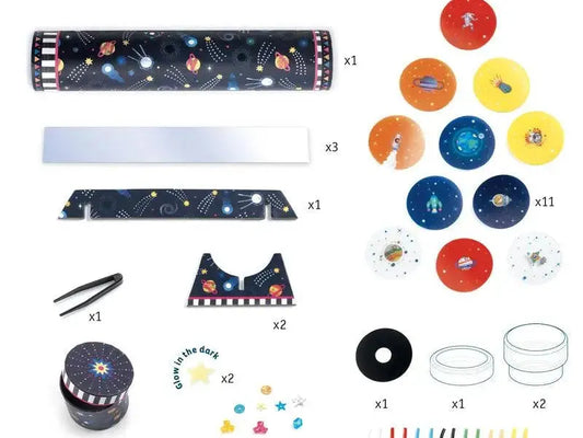 Space-themed kaleidoscope kit with various components for assembly.
