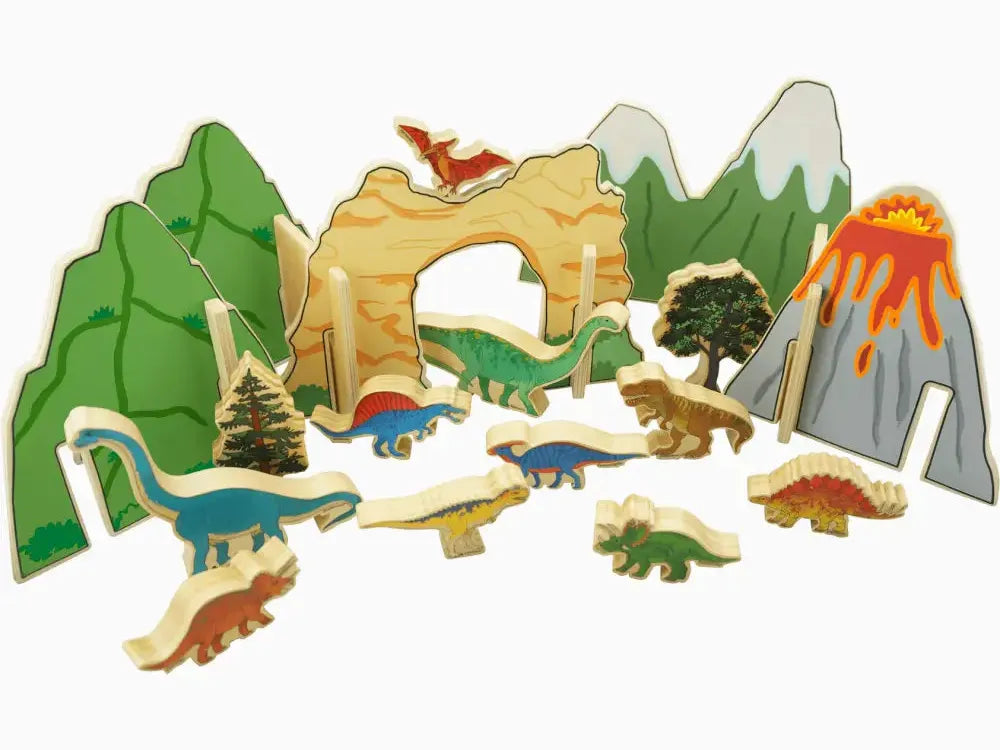 Wooden dinosaur playset with toy dinosaurs and landscape elements.