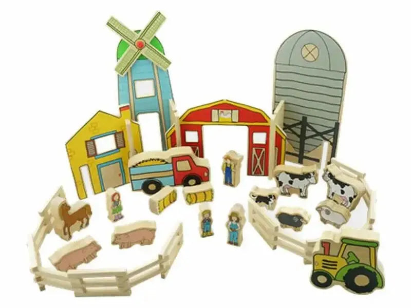 Colorful wooden farm playset with buildings, animals, figures, and accessories.