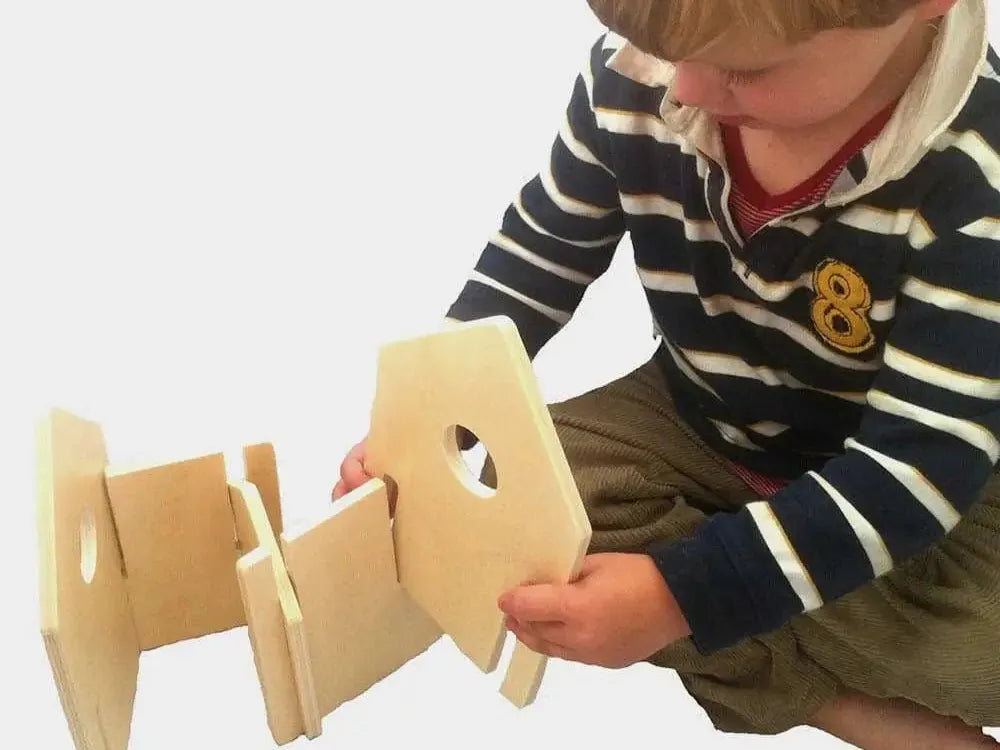 Wooden toy construction set with interlocking pieces.