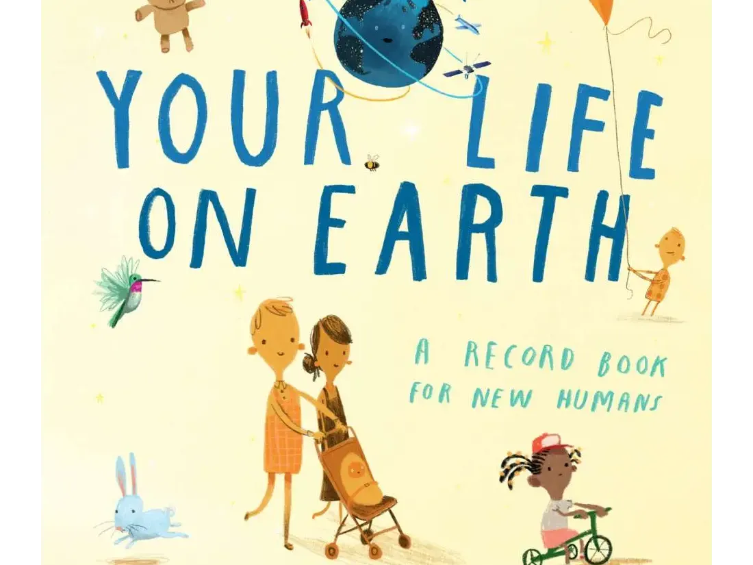 Book cover for ’Your Life on Earth’ by Oliver Jeffers, featuring colorful illustrations of children and animals.
