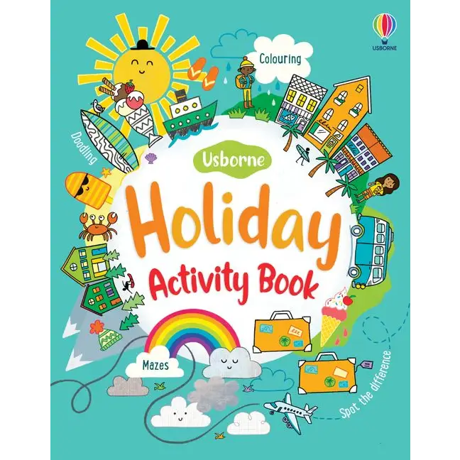 Book cover for ’Holiday Activity Book’ by Usborne, featuring colorful illustrations of vacation-related items and activities.