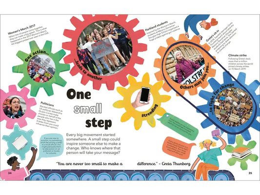 Colorful infographic with interlocking gears featuring photos and text about small steps for positive change.