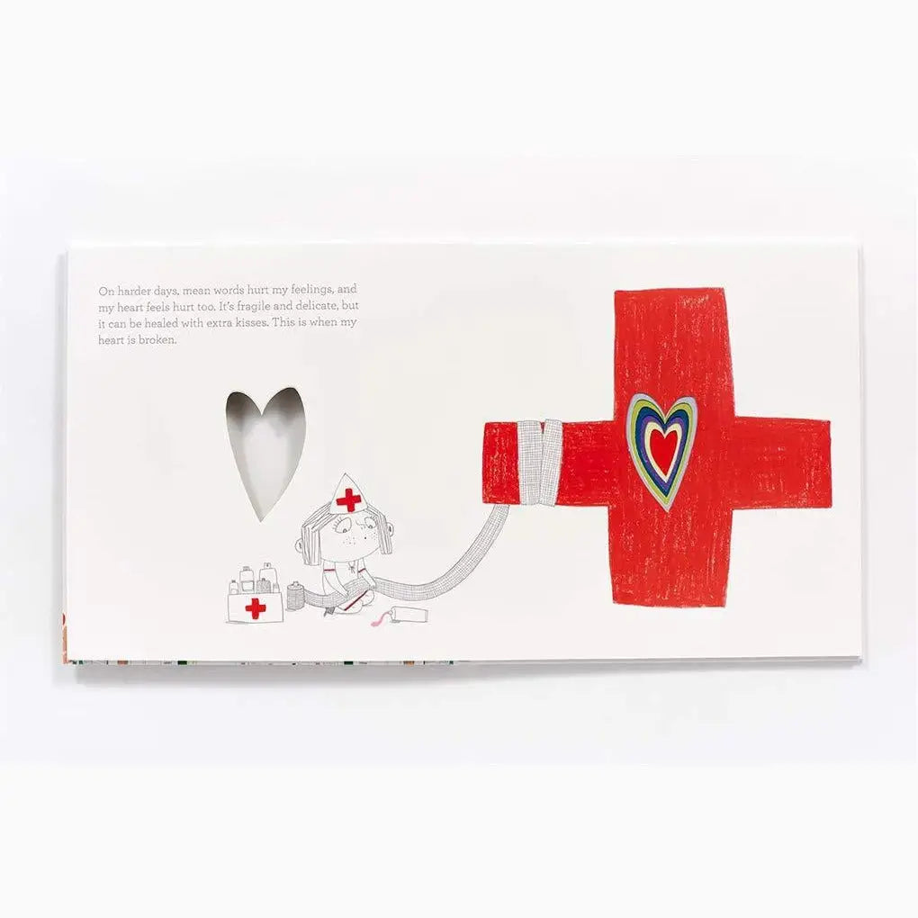 Artistic canvas featuring a heart cutout, sketched medical figures, and a red cross with a heart symbol.