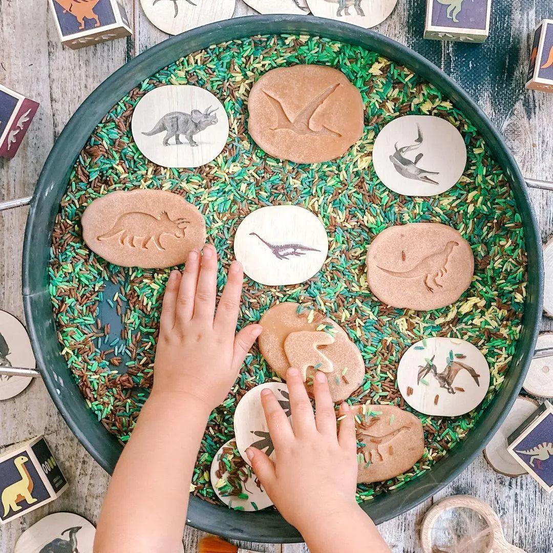 Circular tray filled with dinosaur-themed cookies and green sprinkles, with hands reaching for the cookies.