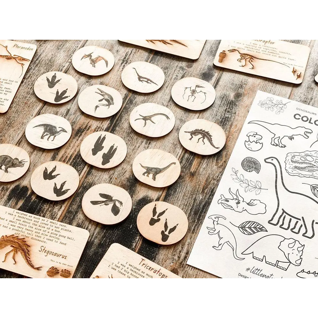 Collection of wooden discs with dinosaur silhouettes carved or burned onto them, alongside dinosaur-themed cards and drawings.