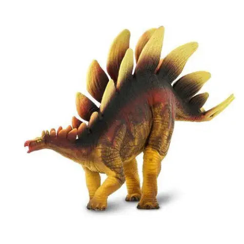Plastic toy model of a stegosaurus dinosaur with distinctive plates along its back and spikes on its tail.