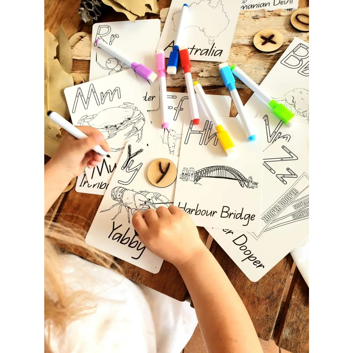 Collection of hand-drawn sketches and notes about Australia on paper scraps with colorful markers.