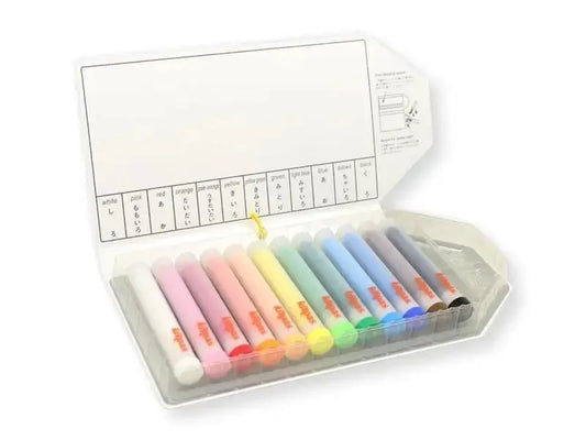 Set of colorful highlighter markers in a plastic case with a labeling area.