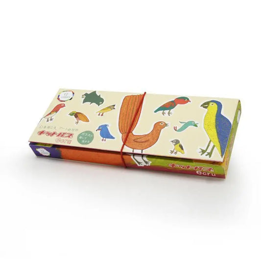 Colorful box or case decorated with various bird illustrations.