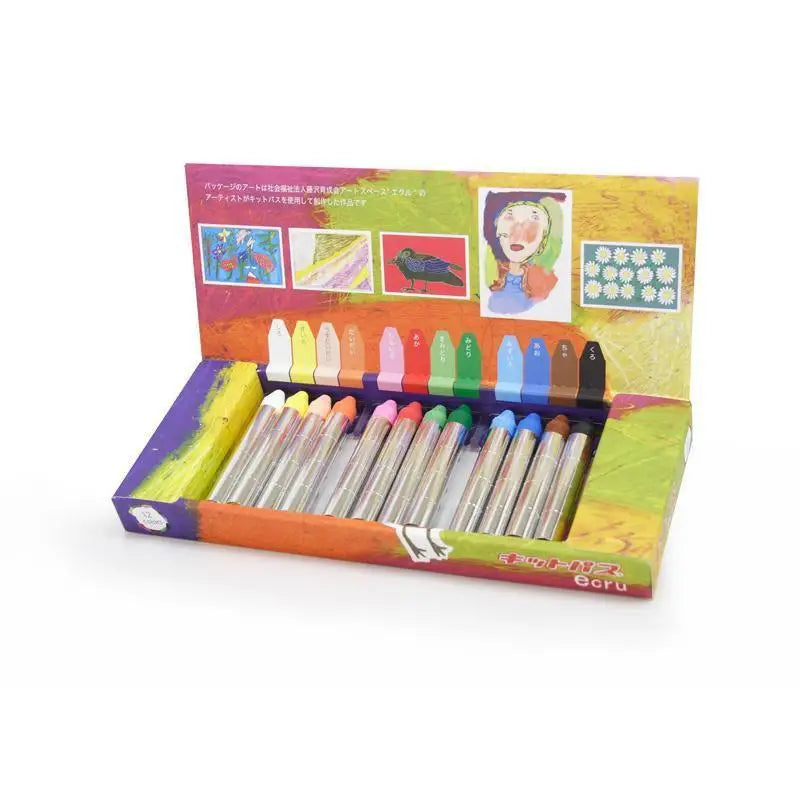 Set of colorful paint markers or crayons in an open box with sample artwork displayed on the lid.