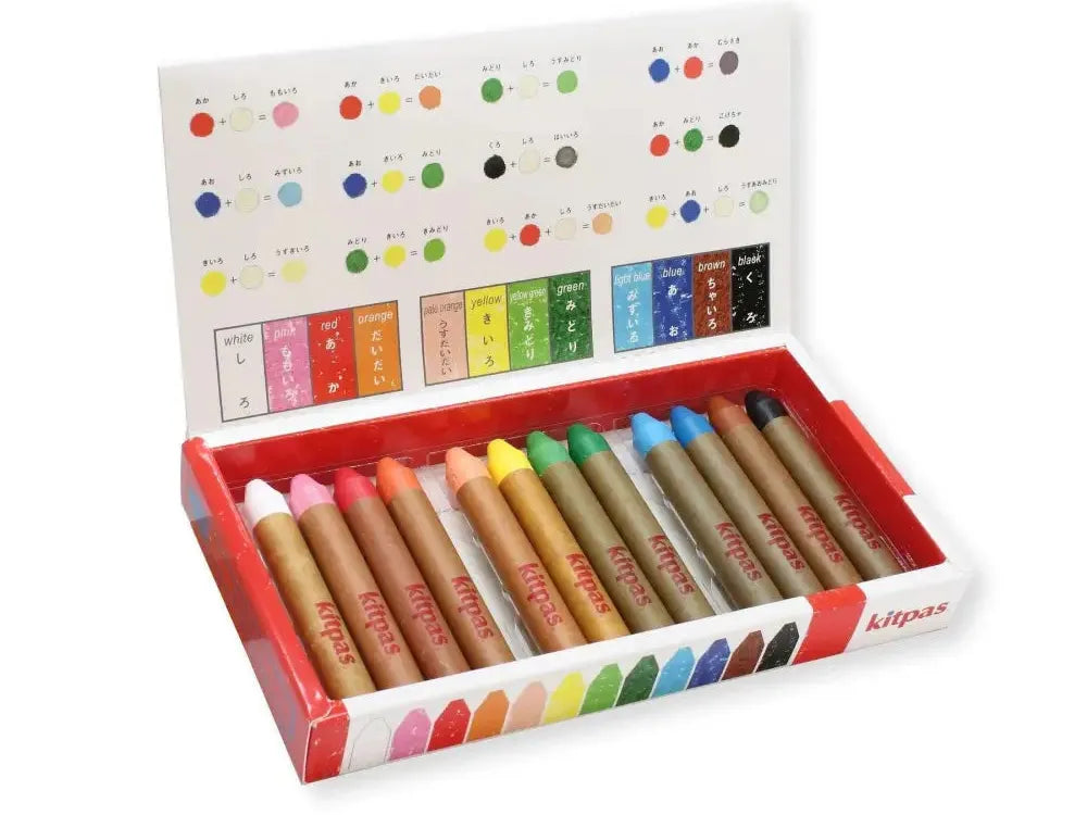 Set of colorful wooden crayons in a box with a color chart lid.