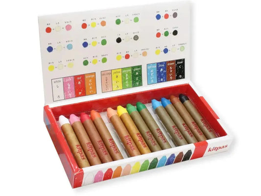 Set of colorful wooden crayons in a box with a color chart lid.