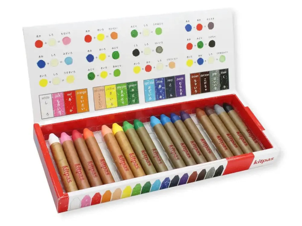 Set of colorful wooden drawing pencils or crayons in a display box with a color chart.