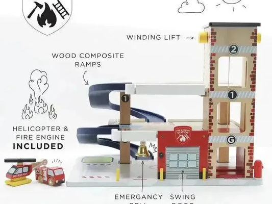 Wooden fire and rescue station toy.