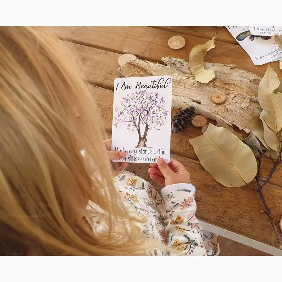 Affirmation card featuring a tree illustration and the words ’I Am Beautiful’.