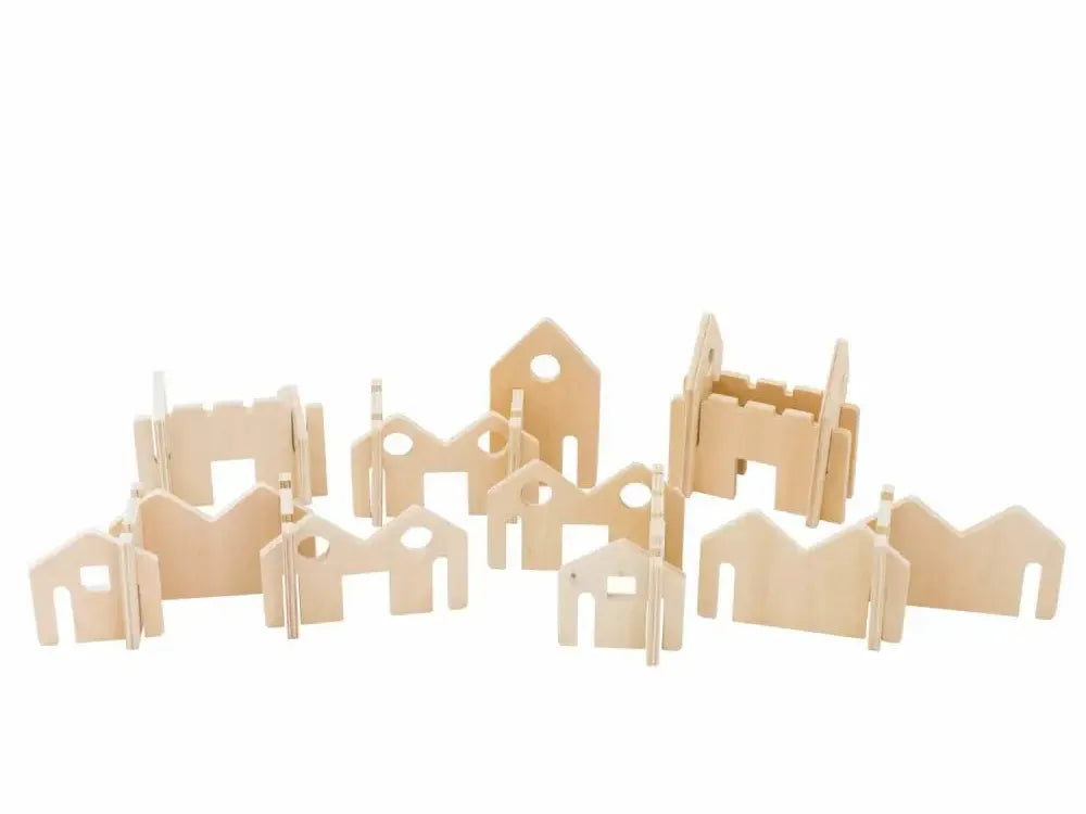 Set of wooden building blocks in various architectural shapes.
